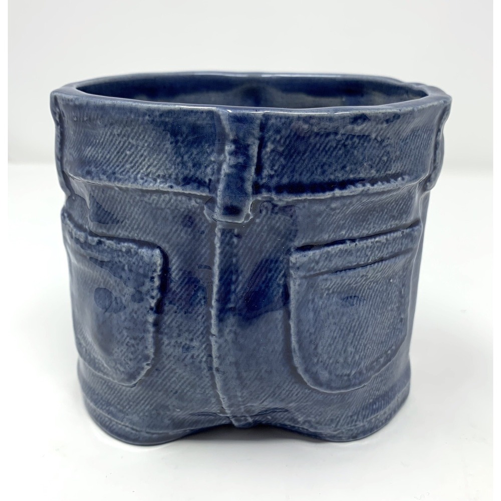 Vintage DENIM Look Blue Jeans Ceramic Planter Vase Textured Pop Art Novelty - Picture 5 of 11